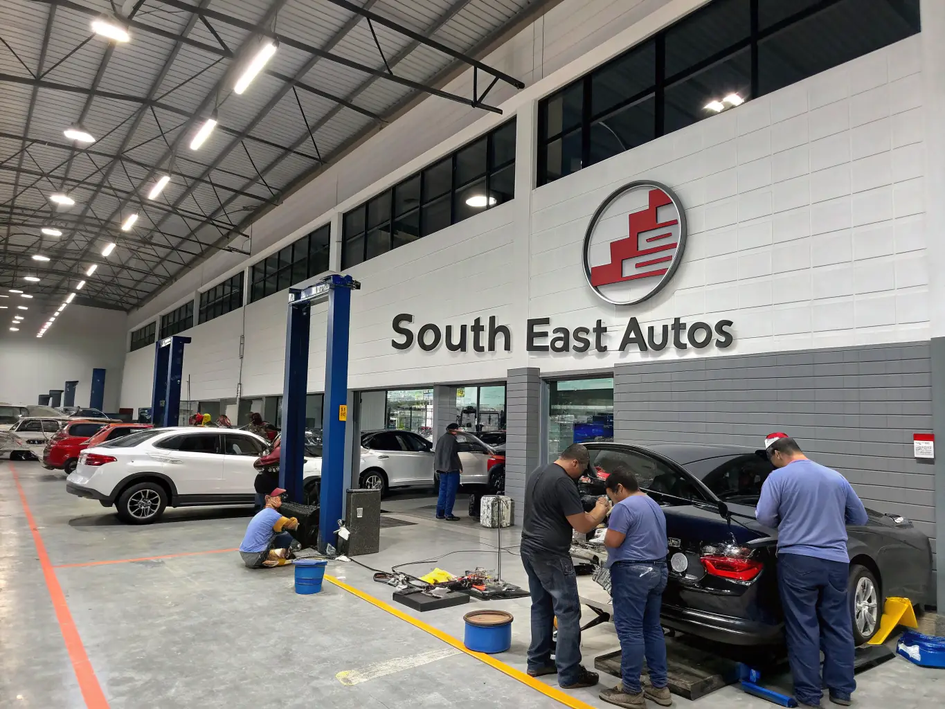 A wide shot of a clean and organized garage bay, showcasing various car care services being performed simultaneously. This includes detailing, mechanical repairs, and paint touch-ups, emphasizing the comprehensive nature of the services offered.