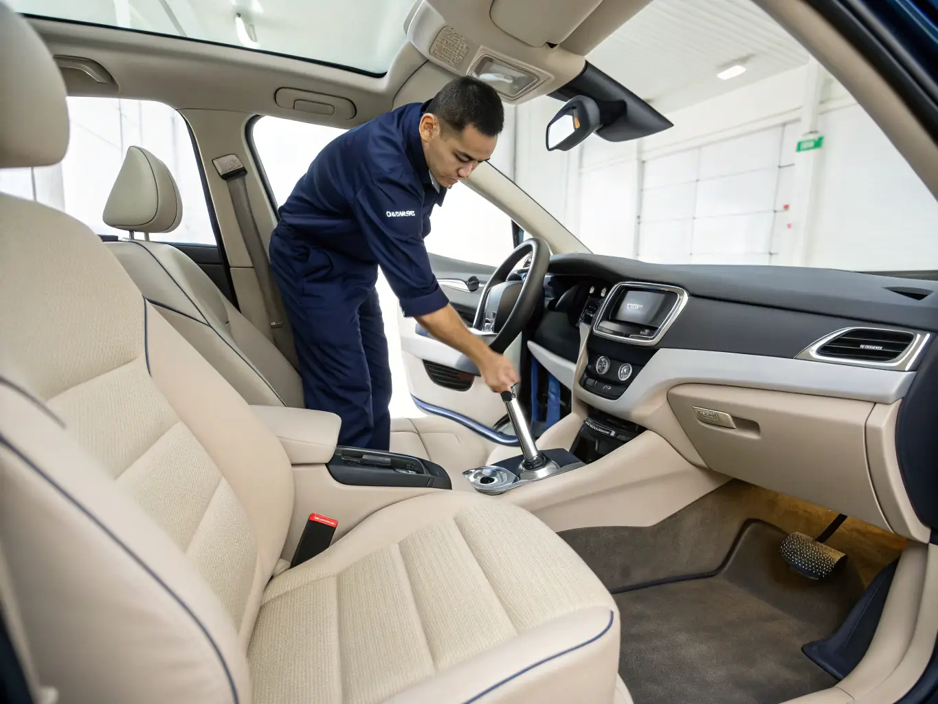 An image showcasing the interior of a car being meticulously cleaned and detailed, highlighting the attention to detail and use of high-quality cleaning products.