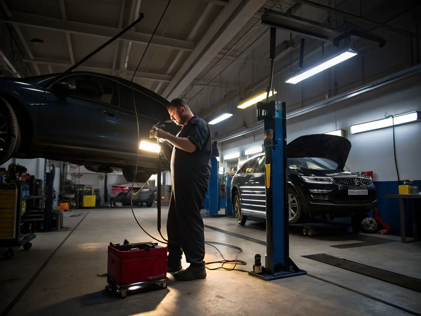 Image of a car receiving an oil change service in a clean and organized garage environment, highlighting the quick and efficient oil replacement process.
