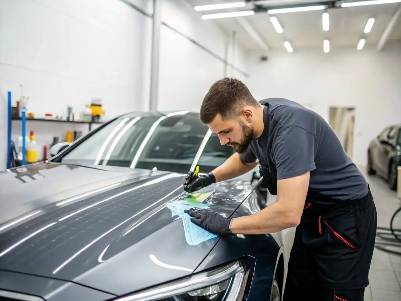 A detailer carefully applying paint protection film to a car's hood, highlighting the precision and care involved in the PPF service offered by Cooper Gold Car Care LLC.