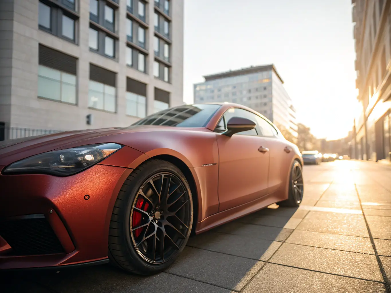 A sleek matte black car with matte PPF applied, parked in a modern urban setting. The image highlights the smooth, non-reflective surface of the matte finish.