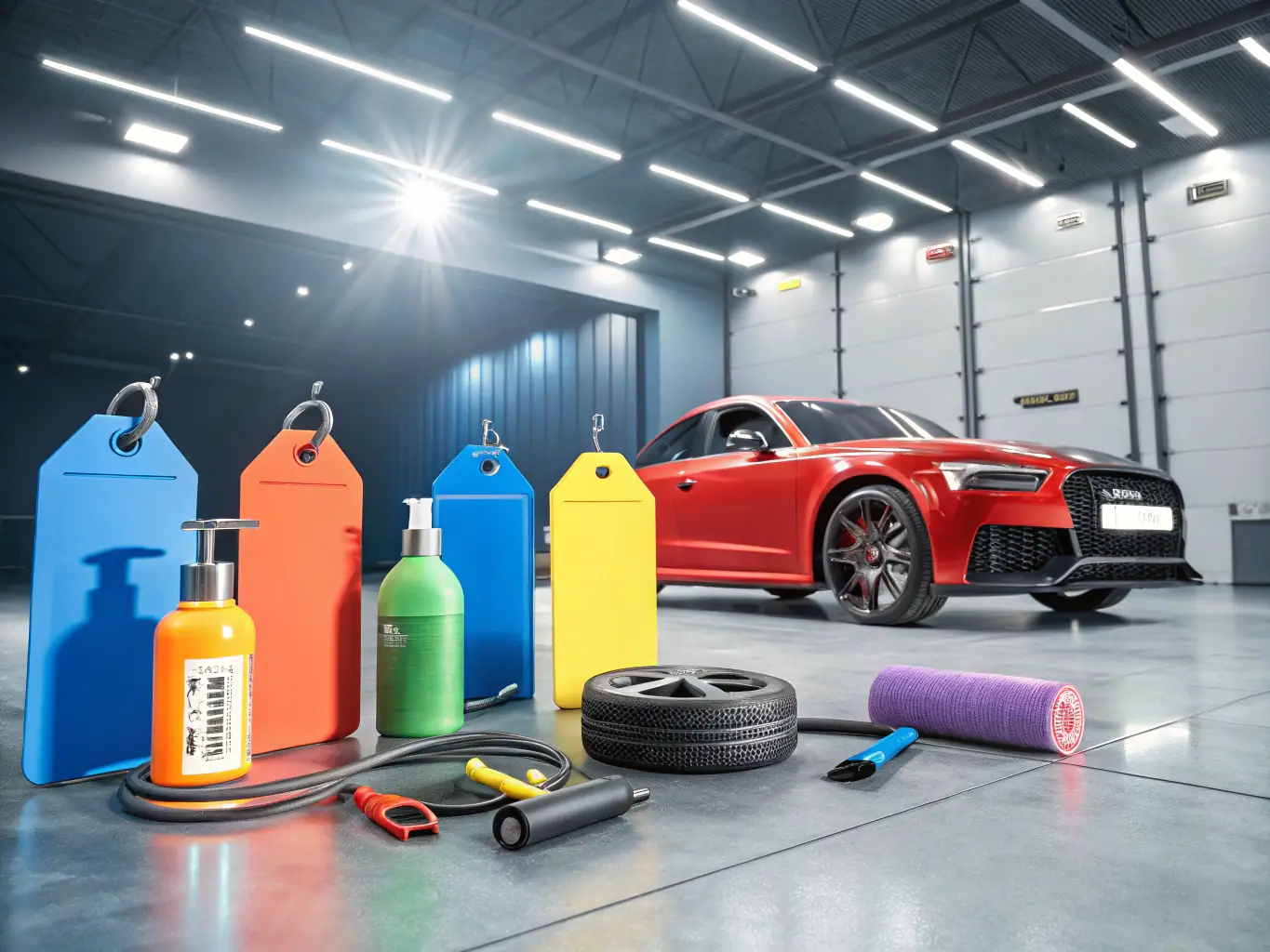A detailed shot of premium car care products, such as high-quality paints, coatings, and parts, neatly arranged on a shelf. The focus is on the quality and durability of the materials used in Peel Master's services.