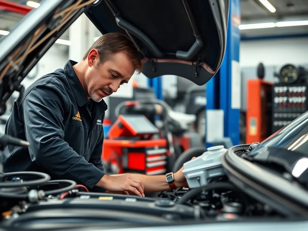 A professional mechanic inspecting a vehicle engine inside a modern garage, showcasing the expertise in comprehensive car repair and maintenance.
