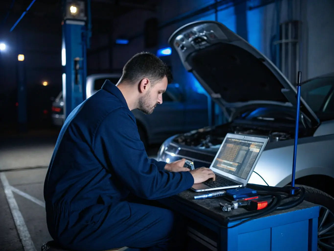 A close-up shot of a certified mechanic using diagnostic tools on a car engine in a well-lit, modern garage setting. The mechanic is focused and professional, highlighting the expertise and precision involved in the service.
