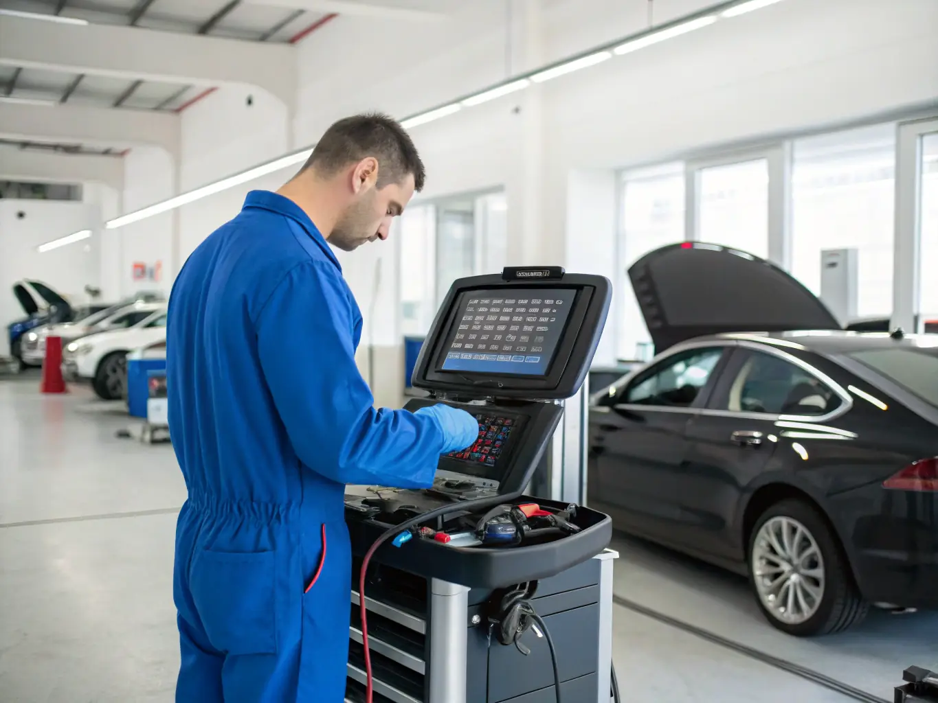 A mechanic performing engine diagnostics on a luxury car in a well-lit, modern garage, showcasing the use of advanced tools and technology.