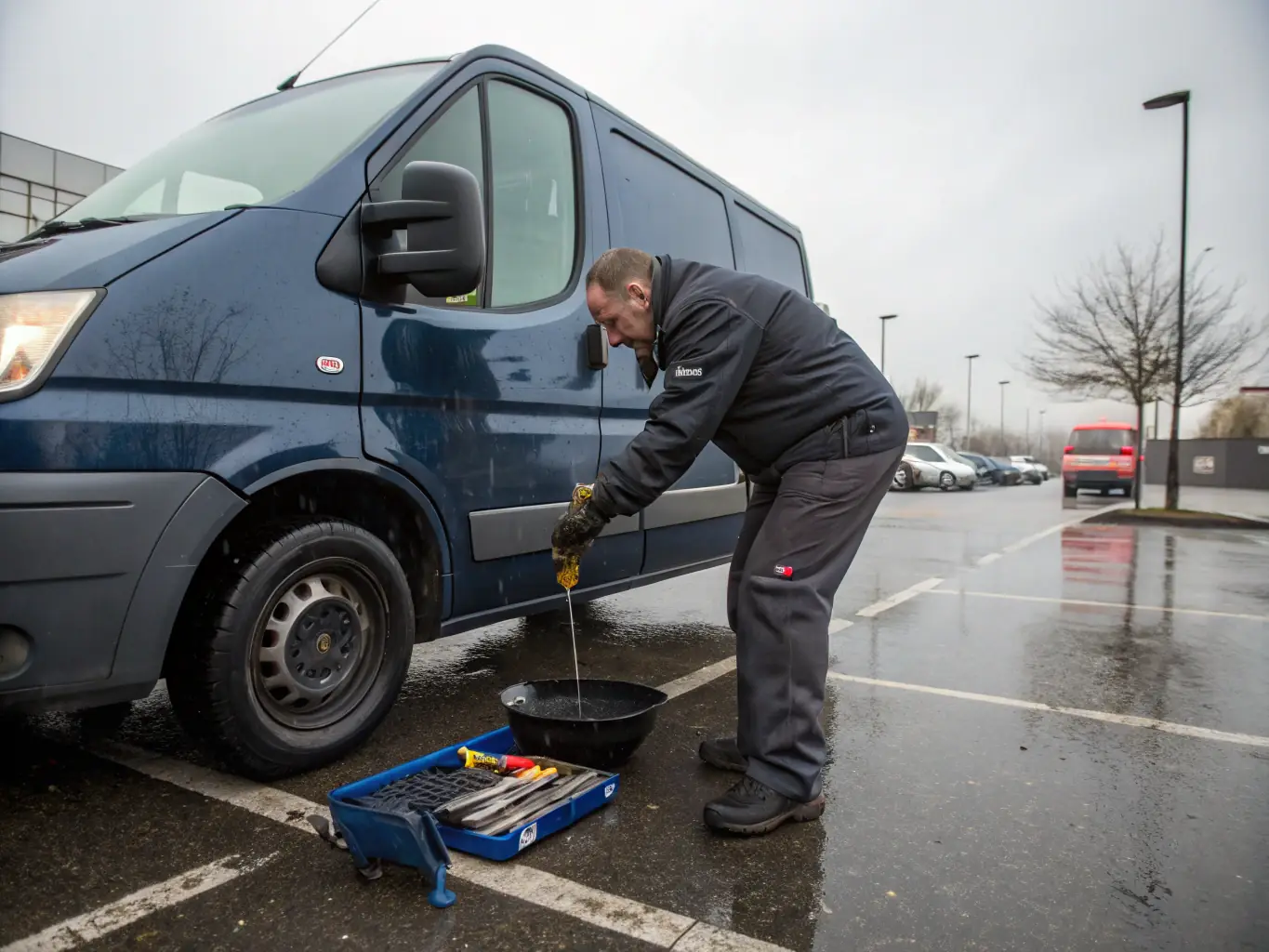 A technician performing an oil change on a car, emphasizing the use of premium lubricants and meticulous attention to detail.