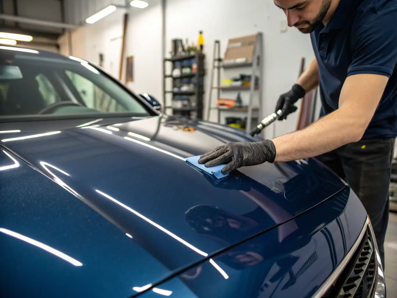 A vibrant sports car undergoing a color change PPF application in a state-of-the-art garage. The image captures the precision and care involved in the color transformation process.